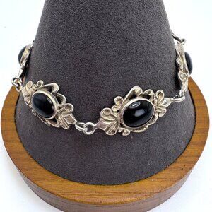 Vintage Sterling Silver 925 Bracelet Victorian Scroll Design Black Onyx 8" L